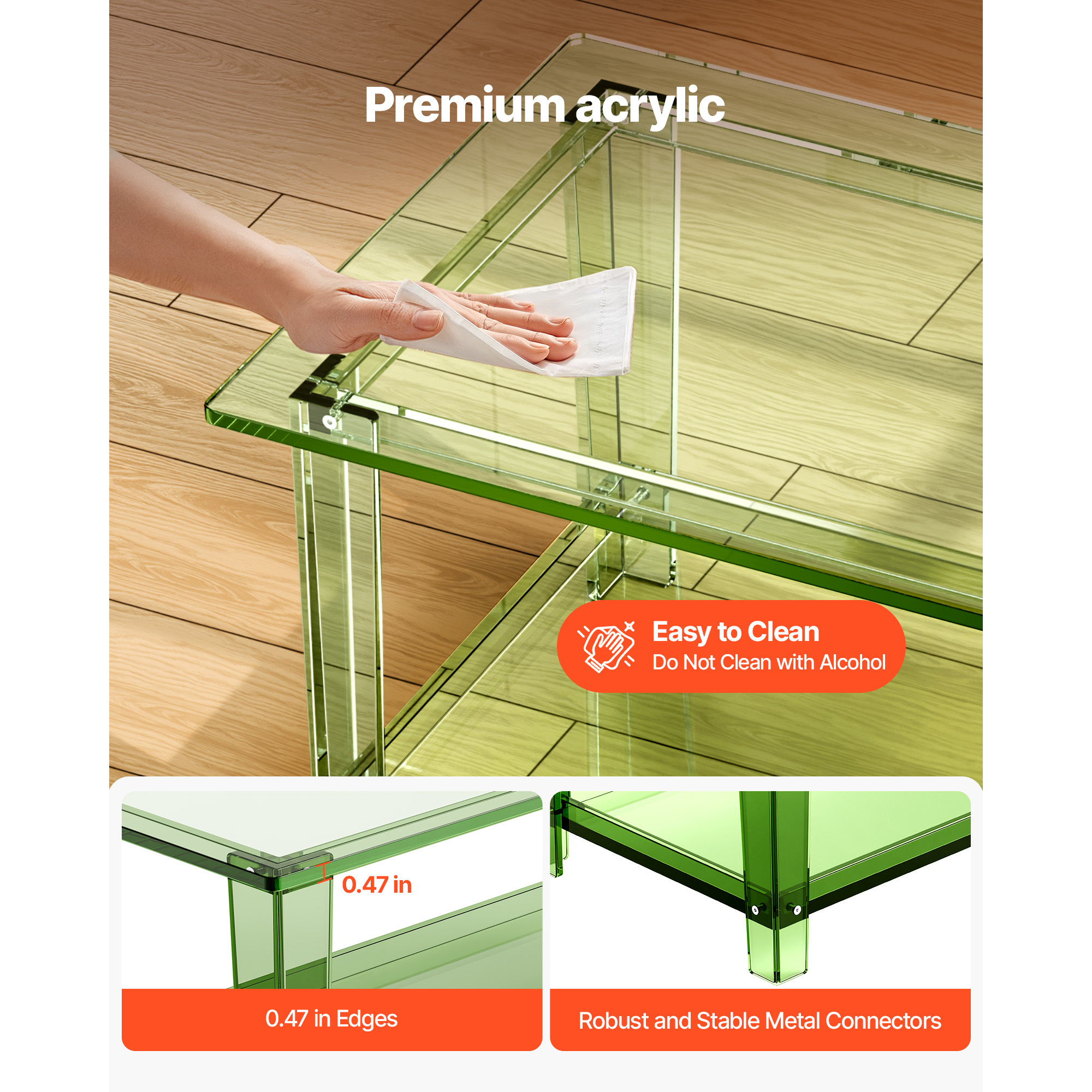 VEVOR Acrylic Coffee Table, 2 Tiers Center Table with Storage Shelf, Modern Rectangle Acrylic Coffee Desk, Ideal for Dining Room, Kitchen Island, Restaurant, Office, 19.7 x 31.5 x 15 in / 19.7 x 31.5 x 15.7 in (Green/Clear)