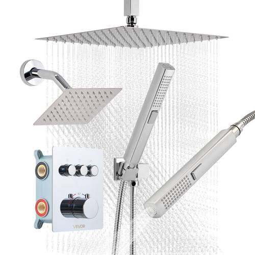 shower faucet set 12 inch thermostatic ceiling mount shower system with 6 inch wall mount head and 2 in 1 handheld spray 3 function dual rain head brass and trim kit chrome brushed gold