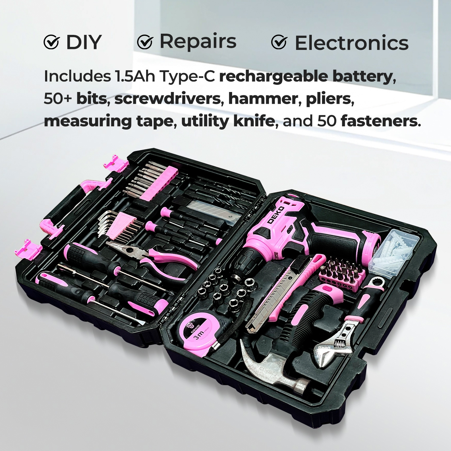 119PCS Power Tool Box Set With 8V Cordless Drill / Driver, Hammer, Wrench, Screwdriver and Utility Knife | All in One Hand Tools kit | Household Tool Set | Electric Drill Tool Kit | for Garden, DIY, Home Repairs | Gifts For Men / Women | Christmas Gift 2 119PCS Power Tool Box Set With 8V Cordless Drill / Driver, Hammer, Wrench, Screwdriver and Utility Knife | All in One Hand Tools kit | Household Tool Set | Electric Drill Tool Kit | for Garden, DIY, Home Repairs | Gifts For Men / Women | Christmas Gift - Image 2