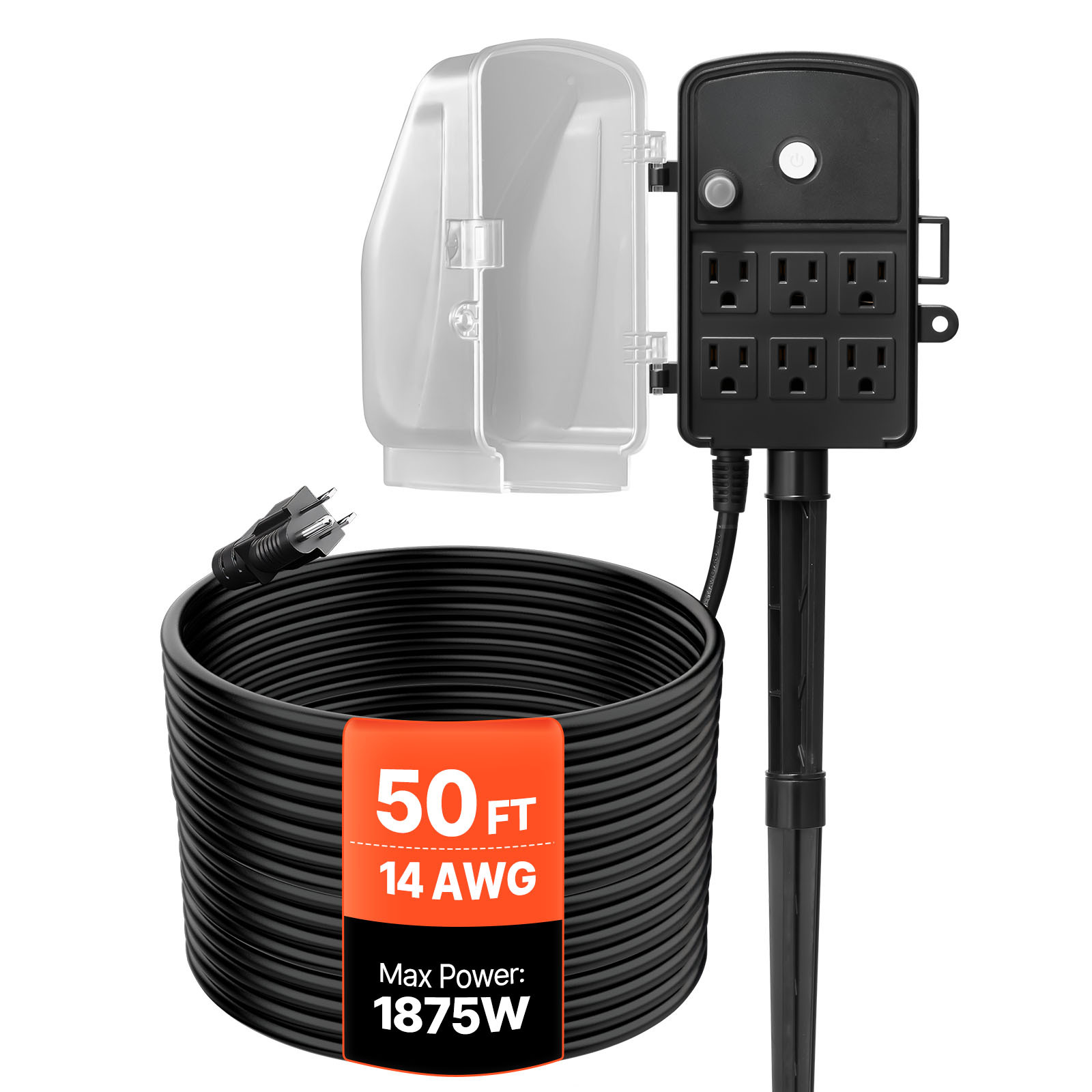 TEMU Vevor Outdoor Timer, 15 Ft / 25 Ft / 50 Ft / 100 Ft Extension Cord, Outdoor Power Strip Weatherproof With Cover And Protection, 6 Outlets,