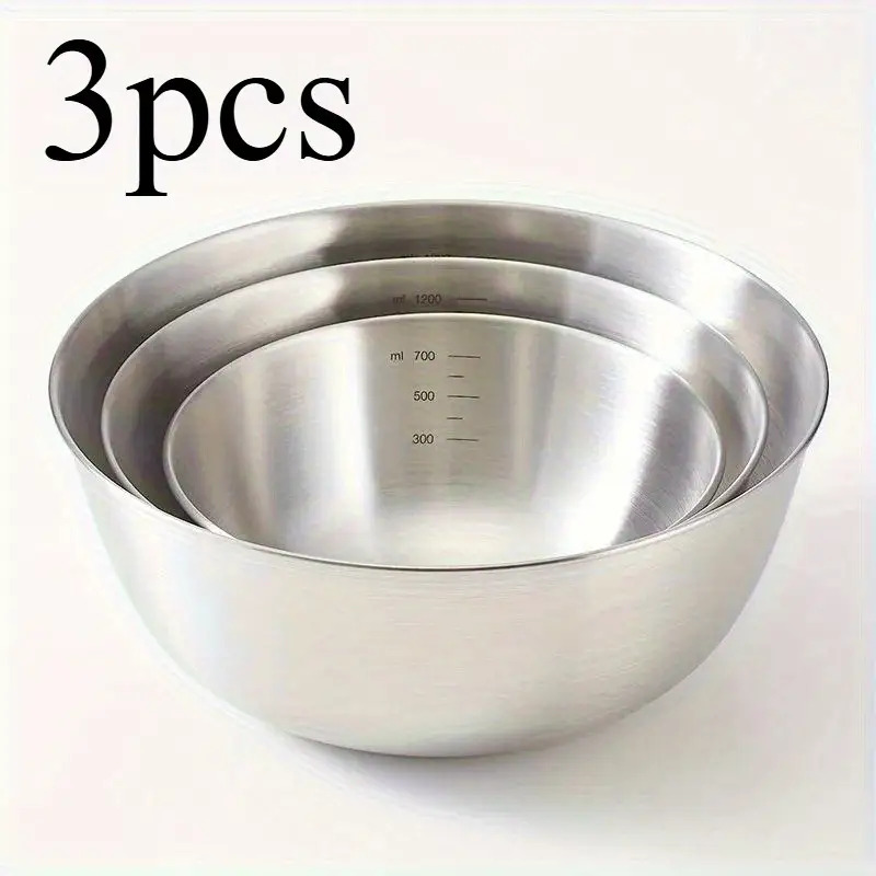 TEMU Three-piece Stainless Steel Mixing Bowls, Rust-proof, Polished , Round Kitchen Mixing Bowls, Salad Bowls, Noodle Bowls. Suitable For Mixing