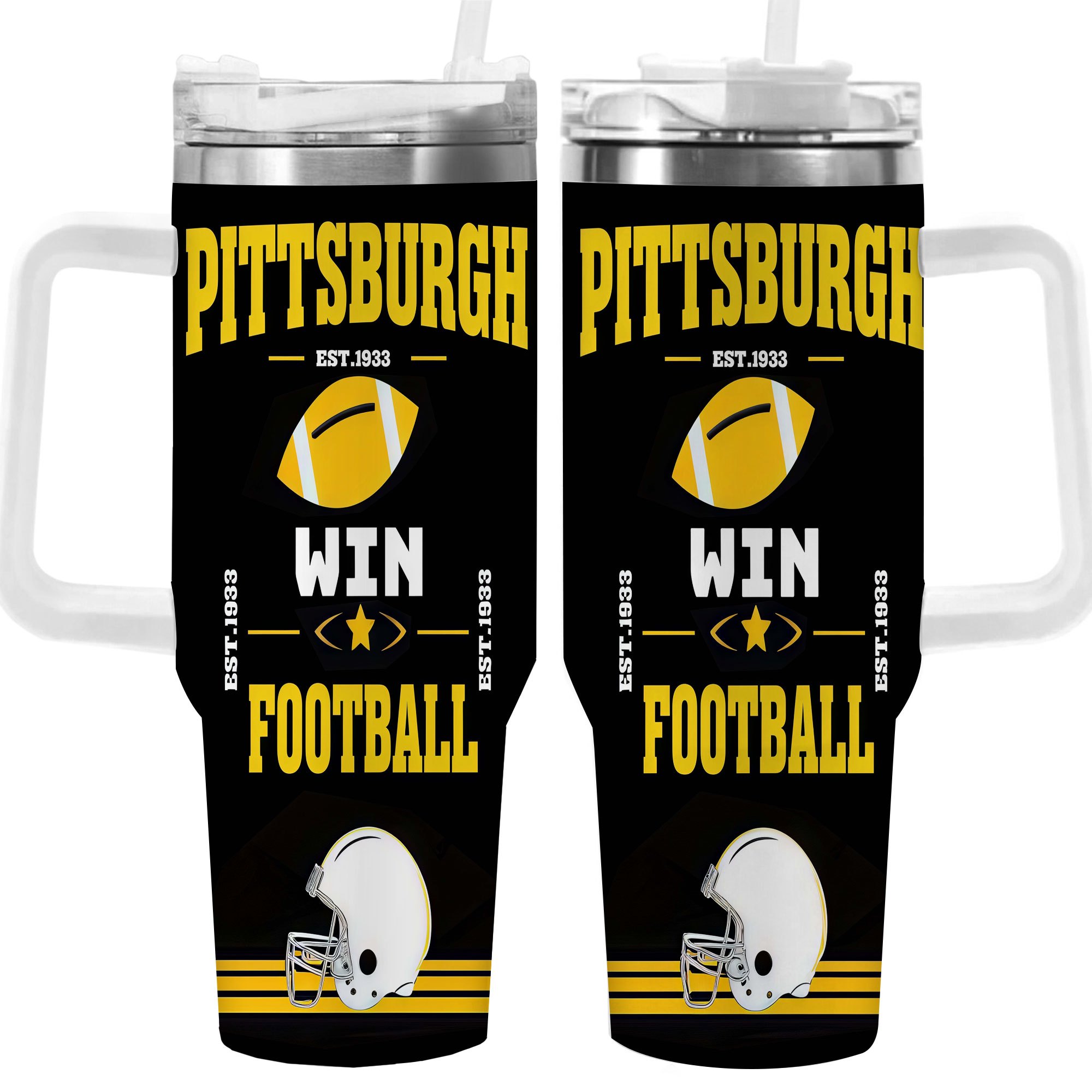 TEMU 1pc 40oz Pittsburgh Win Football Tumbler, Double Wall Vacuum Insulated Travel Mug, Spill Proof Lid, Gift For Dad, Mom, Ideal For Christmas, Father's Day, Birthday Gift, Coffee Cup