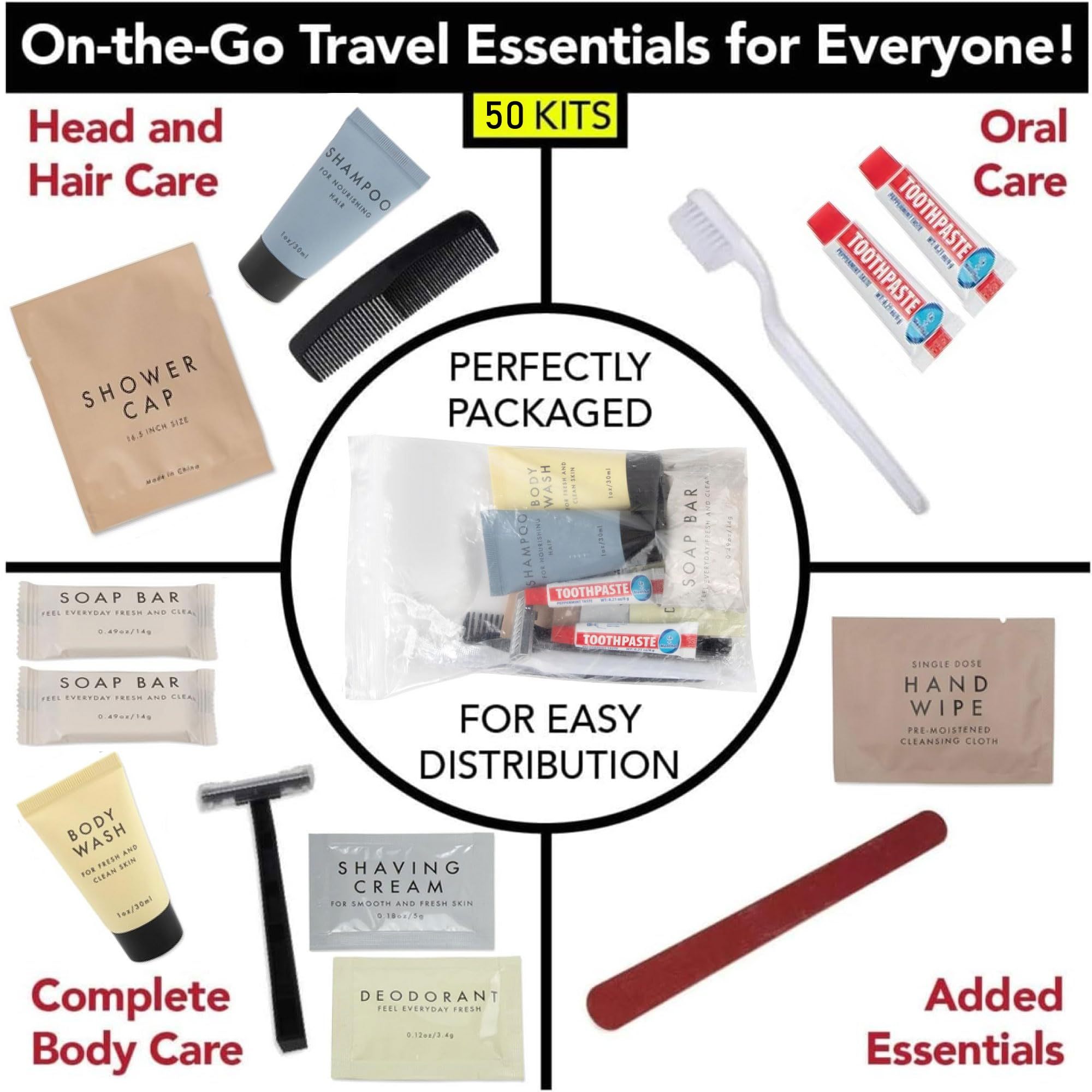 50 Pack Of Bulk Wholesale 15 Piece Travel Size Hygiene Toiletry Kits Containing Shampoo, Body Wash, Deodorant, Bar Soap, Toothbrush, Toothpaste, Cleansing Wipe, Hair Comb, Shaving !