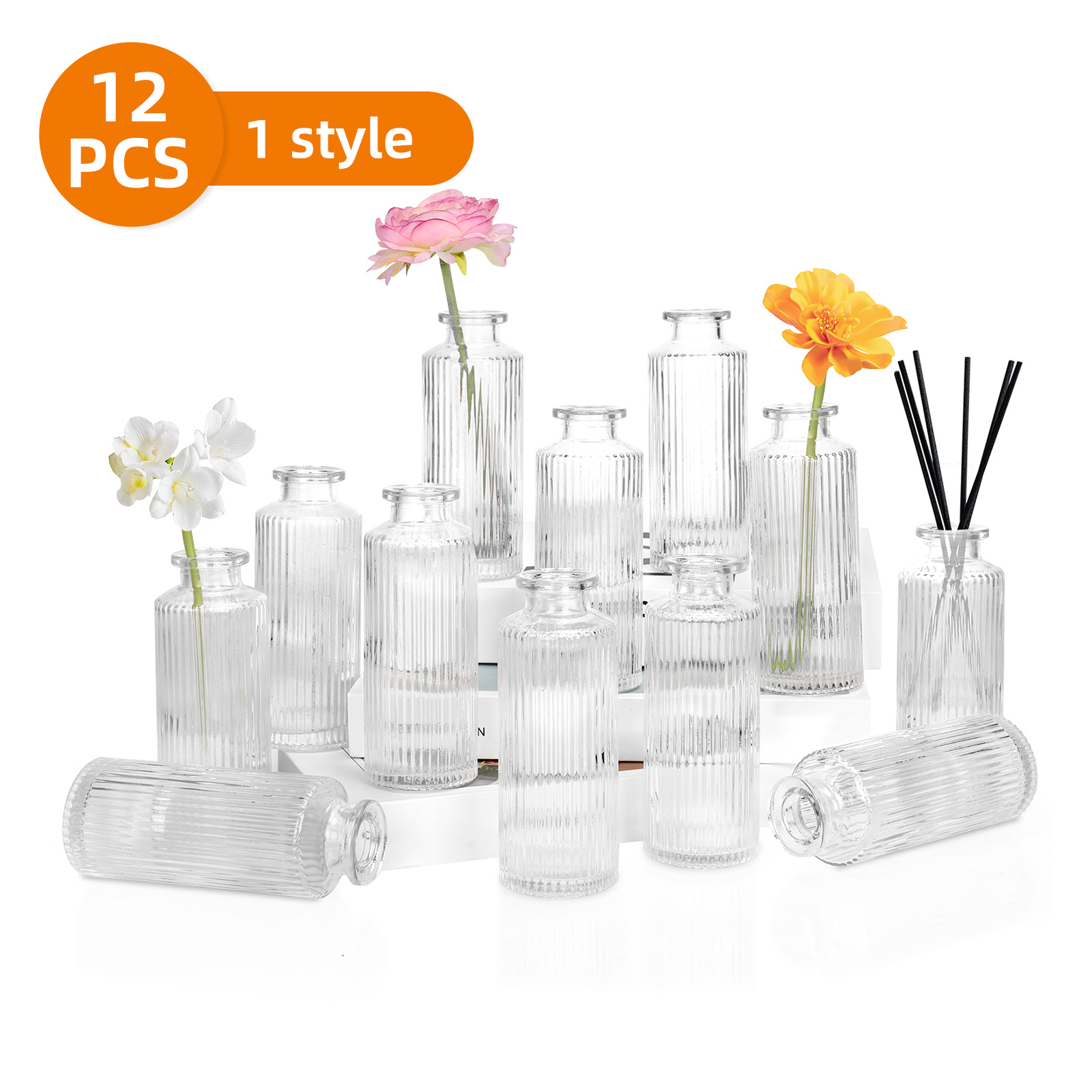 TEMU 12pcs Glass Vases, Small Flower Vases In Bulk, Mini Ribbed Vases For Centerpieces, Clear Vintage Vase For Table Decorations, Wedding, Party, Receptions, Home Christmas Decor, Multiple Sizes