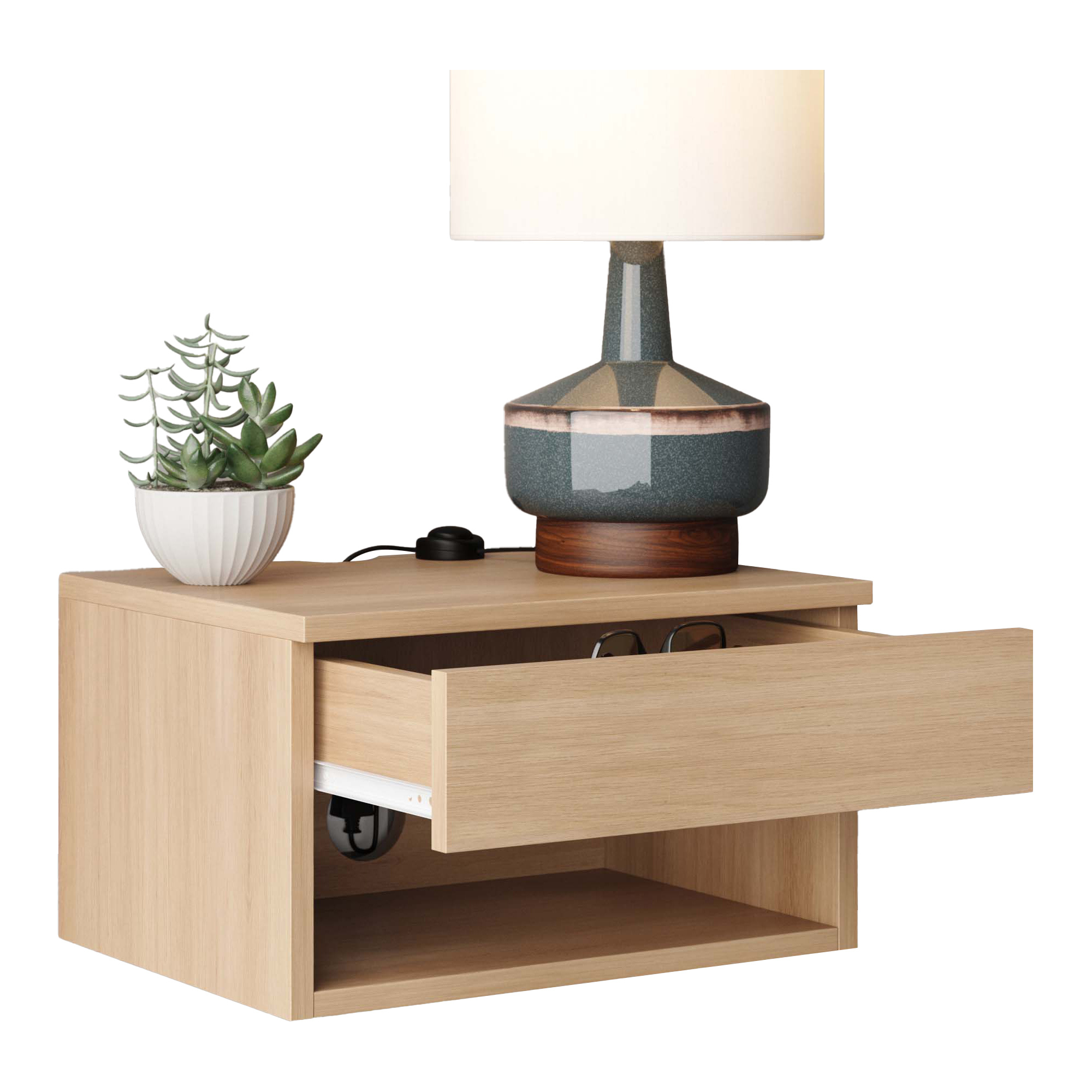 oak floating bedside table with drawer wall mount nightstand 15 7 wide modern bedside organizer with storage shelf for small spaces bedroom living room