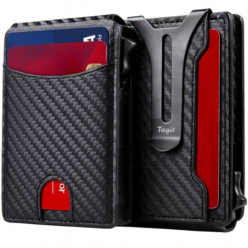 rfid blocking men s bifold up wallet premium carbon fiber design with magnetic lock money clip and transparent id window featuring access multi functional storage and modern minimalist everyday wallet and great gift presented in