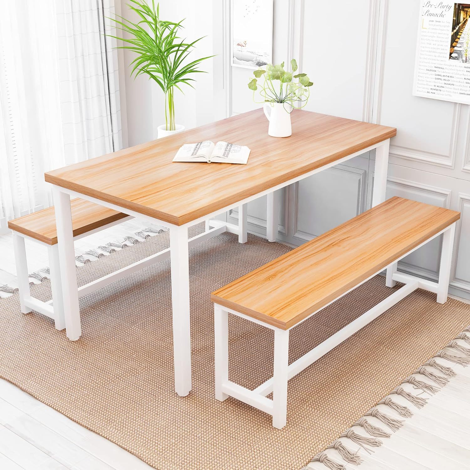 3 piece dining room table and chairs set for 4 industrial dining table set with 2 benches mdf   for apartment space saving   century modern kitchen table set with metal frame for dining room kitchen