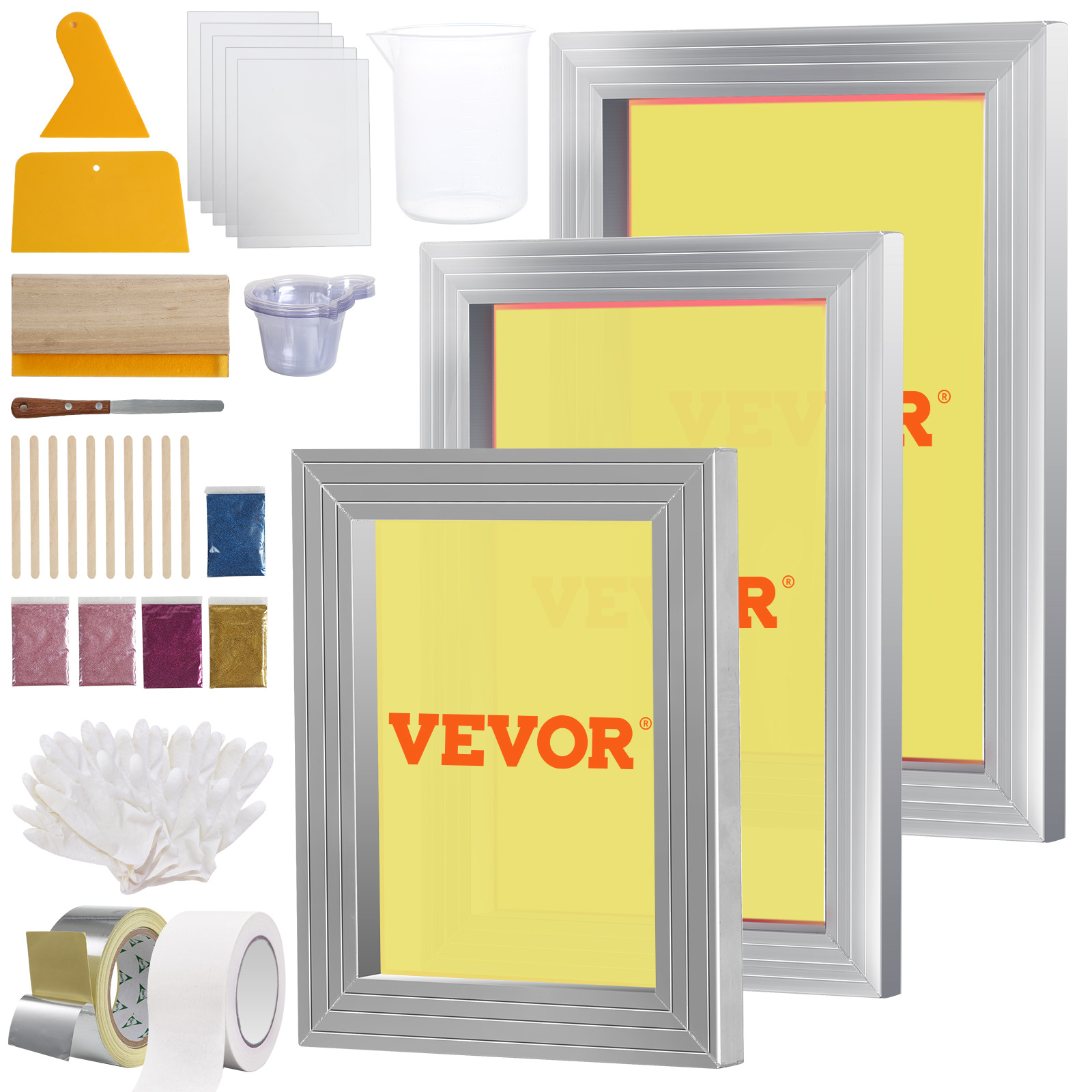 TEMU Vevor , 3 Pieces Aluminum Silk Screen Printing Frames 6x10/8x12/10x14inch 110 Count Mesh, 5 Glitters And Screen Printing And Films For T-shirts