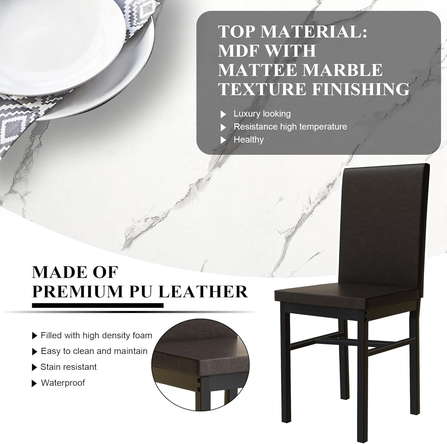 Modern Patio Dining Set for 4, 5-Piece Dining Table Set with 4 Chairs & Faux Marble Table for Small Space, Kitchen Dining Table Set with MDF Broad & Metal Frame for Patio, Dining Room, Kitchen