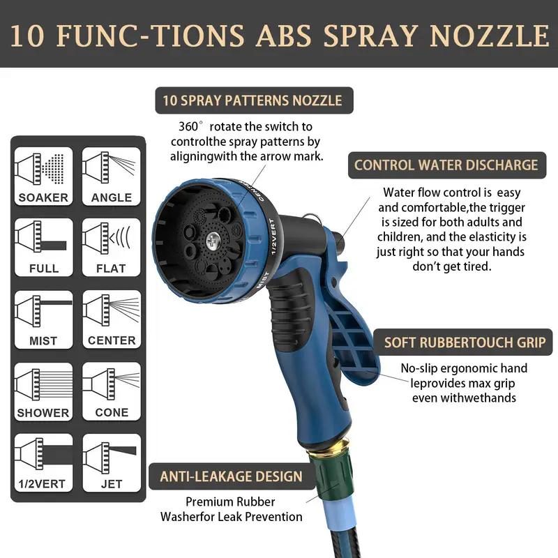 heavy duty non expanding garden hose 50 100ft durable reinforced water hose with leak proof construction kink resistant tpv material 10 function spray nozzle 3 4 connector portable strap cleaning forestry and gardening Product details 0
