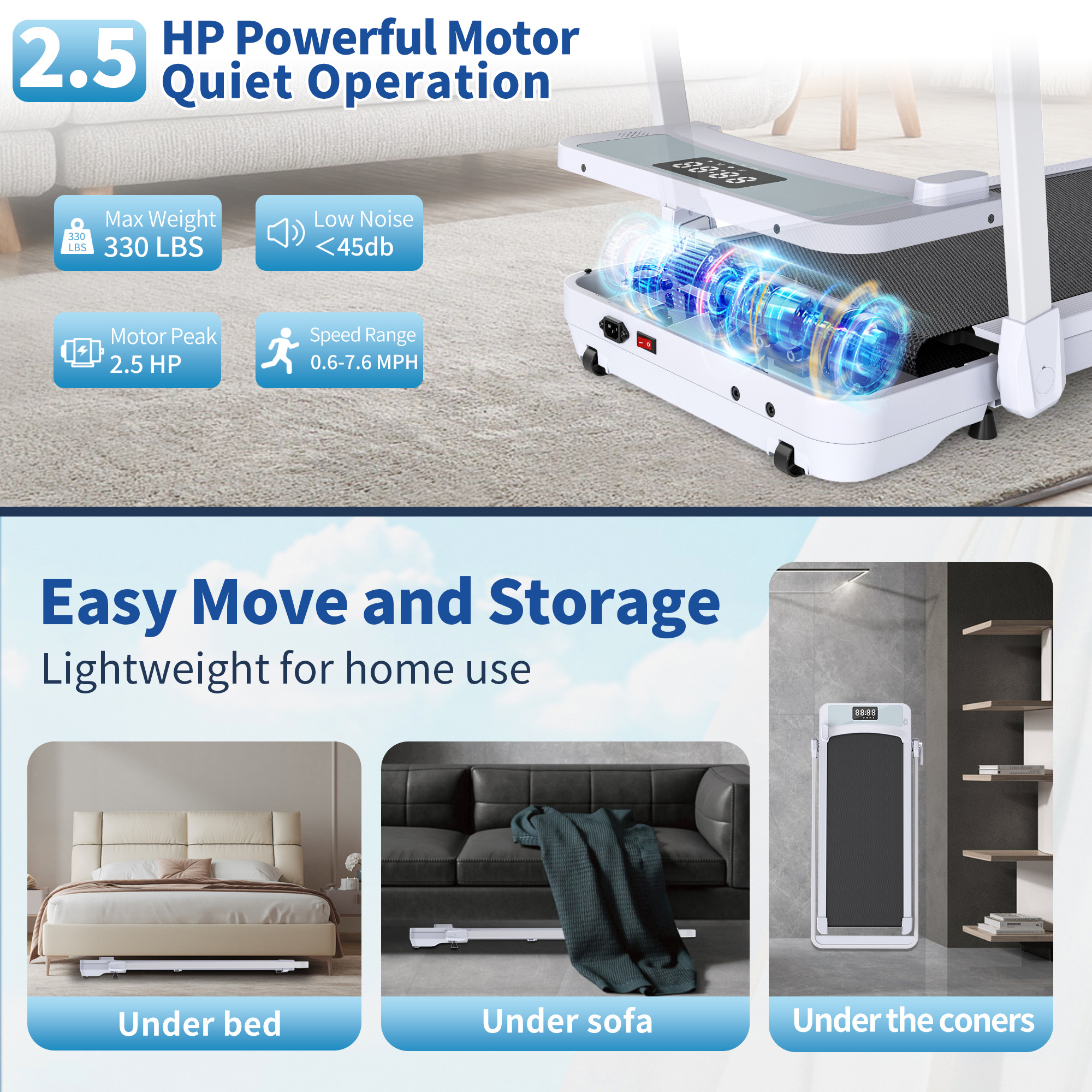 Treadmills, Treadmill Under Desk Walking Pad,2 in 1 Folding Treadmill for Home/Office with Remote Control and APP，Large Screen