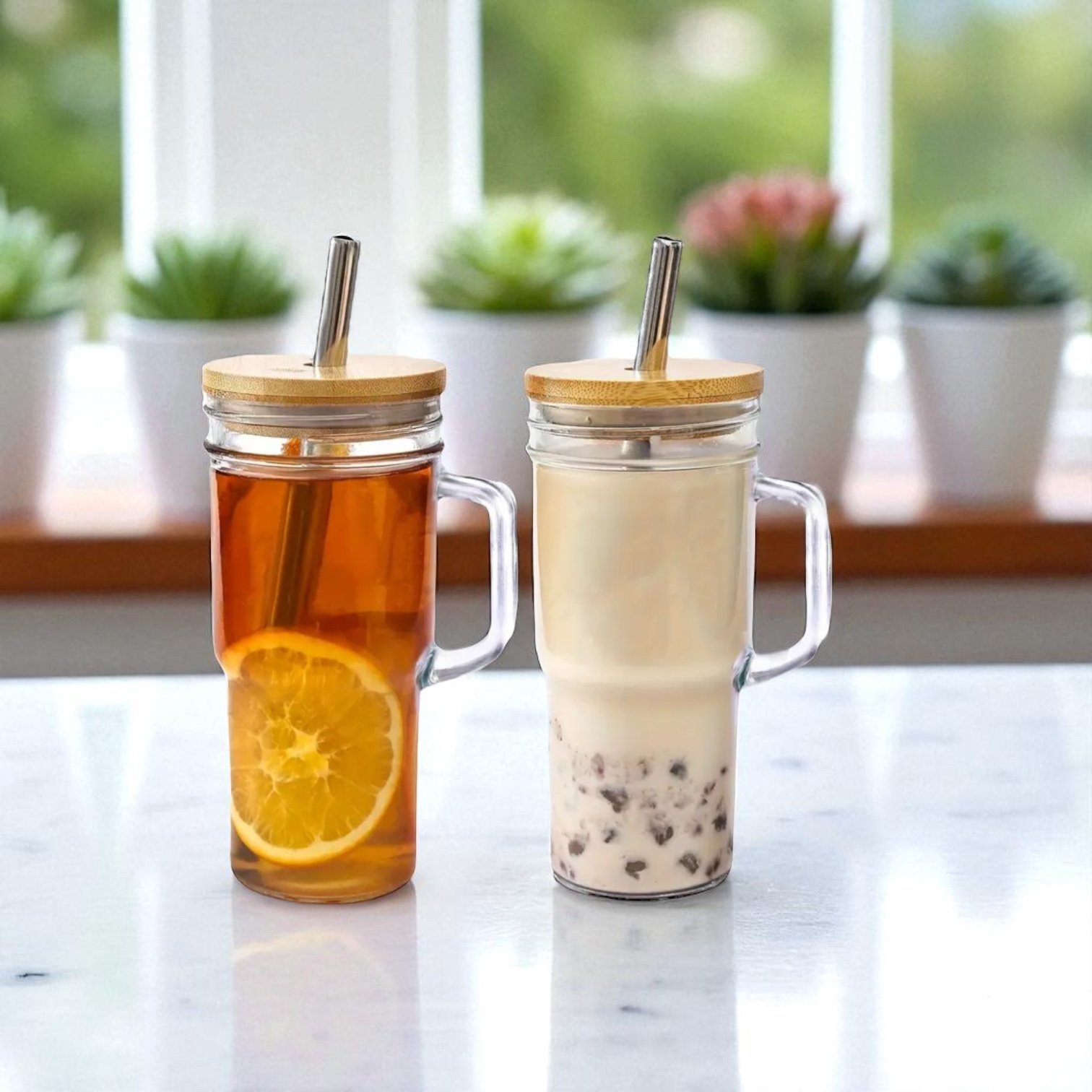 2 pack 24oz glass tumbler with handle and lid glass cup jar cup with bamboo lid stainless steel straw for iced coffee boba tea smoothie juice dishwasher safe Product details 2