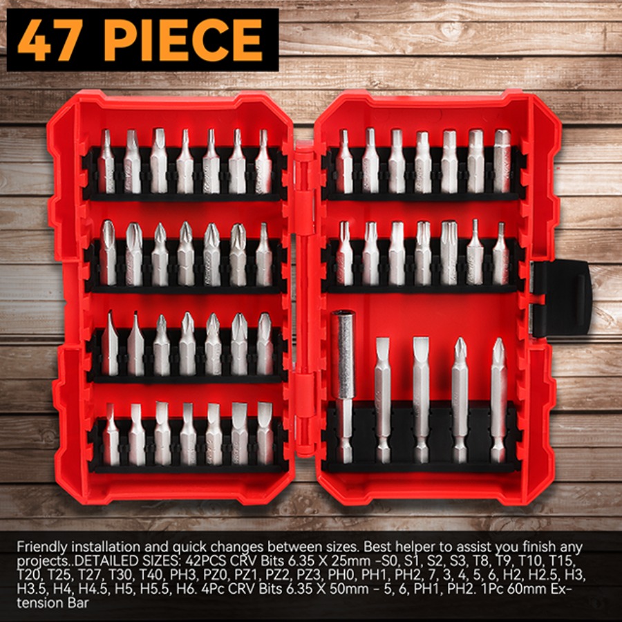 TEMU 47 Piece Crv Magnetic Bit Holder & Set, 60mm Extension Bar Bit Set With Durable Case, 1 Kit, Red