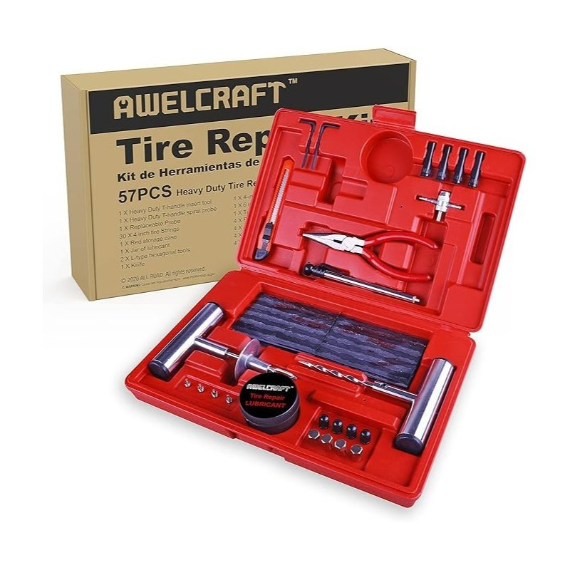 57pcs heavy duty tire repair kit flat tire plug kit for car truck motorcycle   jeep tractor with durable tool box