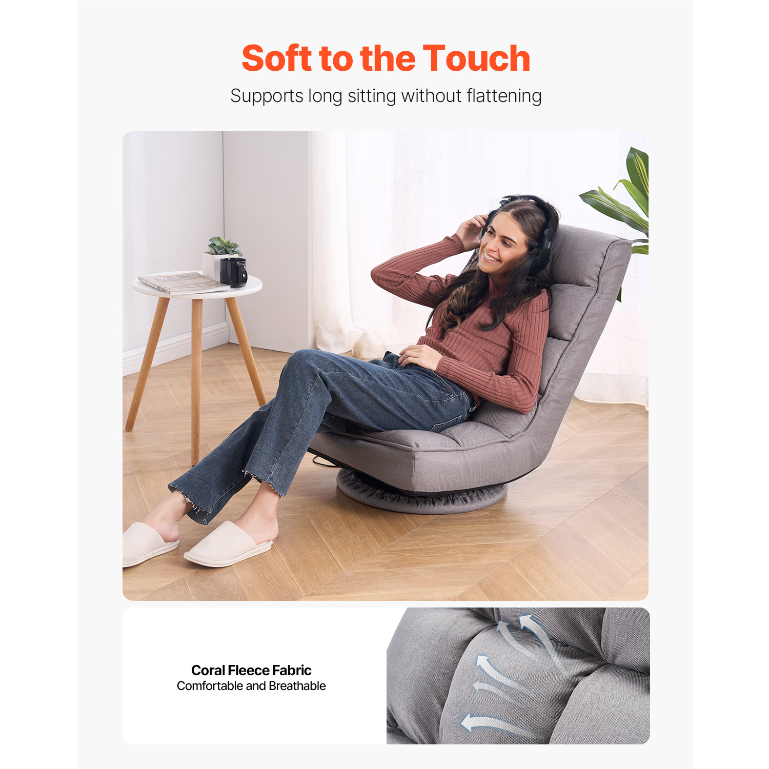 VEVOR Swivel Floor Gaming Chair, 360-Degree Rotating Floor Chair with 4 Adjustable Position Folding Backrest and Lumbar Support, Folding Video Reclining Sofa for Watching TV Reading Playing Game, Gray No armrests/with handrails