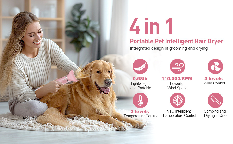 ntc intelligent 4 in 1 high speed pet hair dryer   hair grooming tool set hot cold cycle   temperature setting prevents overheating and   to pet skin providing pets with a more comfortable drying hair styling and massage experience Product details 0