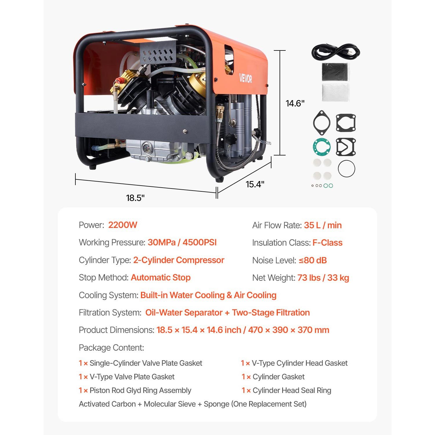 pcp air compressor 4500psi 30mpa 2 cylinder   diving tank compressor external water cooling internal water cooling Product details 15
