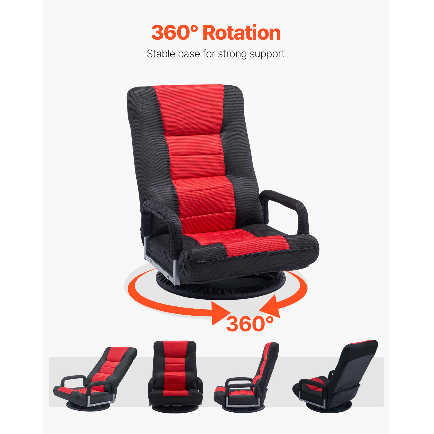 VEVOR Swivel Floor Gaming Chair, 360-Degree Rotating Floor Chair with 4 Adjustable Position Folding Backrest and Lumbar Support, Folding Video Reclining Sofa for Watching TV Reading Playing Game, Gray No armrests/with handrails