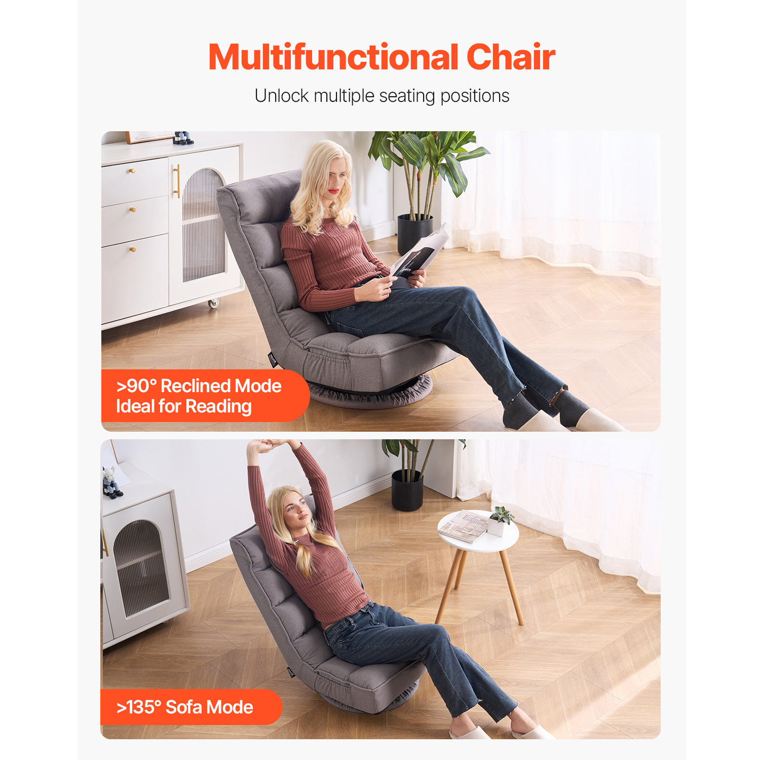 VEVOR Swivel Floor Gaming Chair, 360-Degree Rotating Floor Chair with 4 Adjustable Position Folding Backrest and Lumbar Support, Folding Video Reclining Sofa for Watching TV Reading Playing Game, Gray No armrests/with handrails
