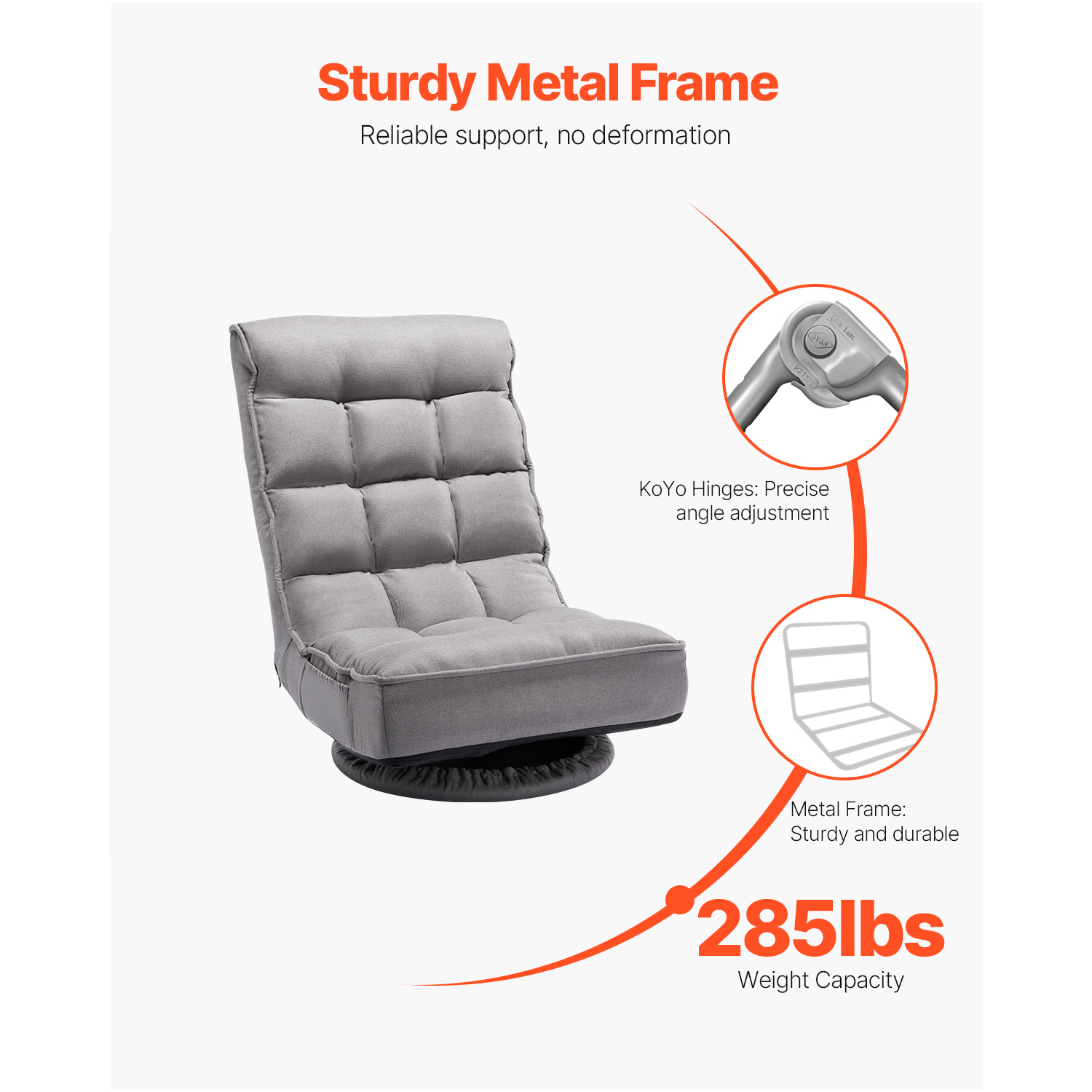 VEVOR Swivel Floor Gaming Chair, 360-Degree Rotating Floor Chair with 4 Adjustable Position Folding Backrest and Lumbar Support, Folding Video Reclining Sofa for Watching TV Reading Playing Game, Gray No armrests/with handrails