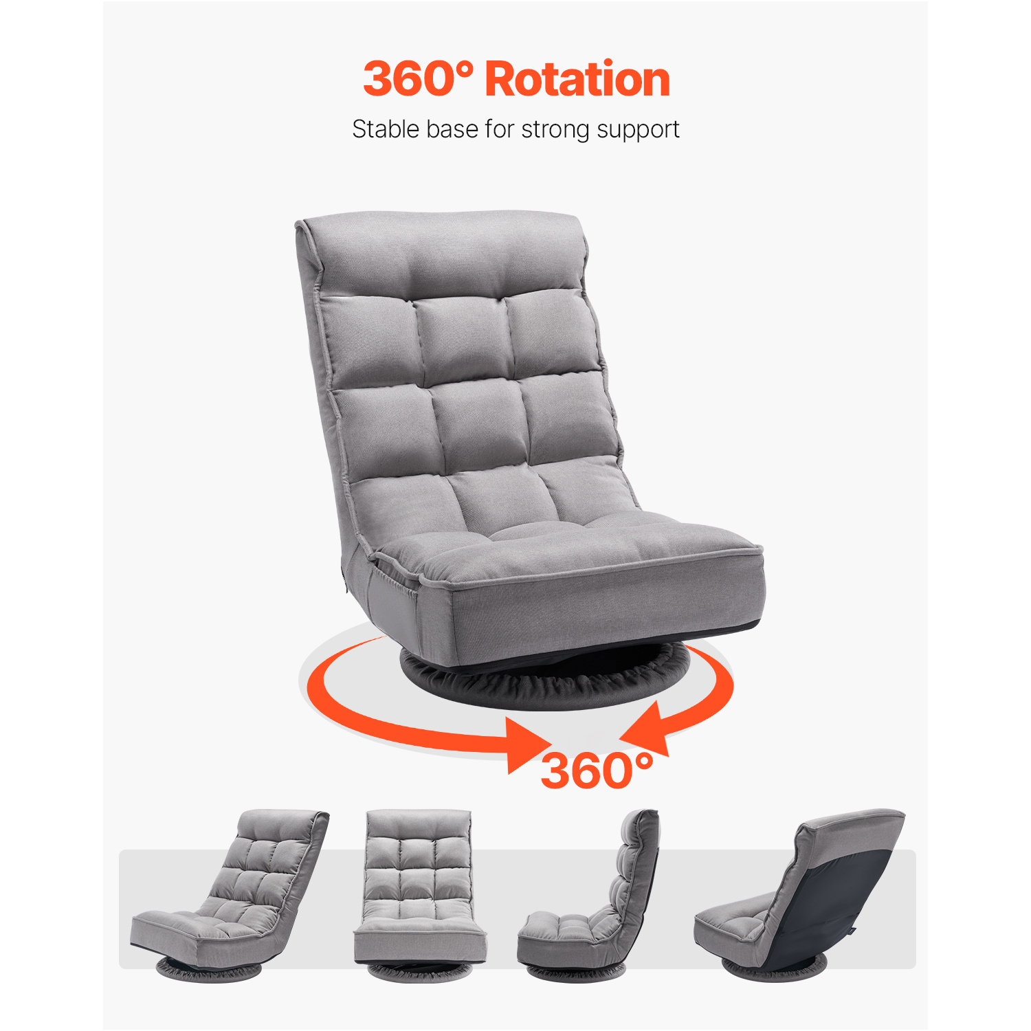 VEVOR Swivel Floor Gaming Chair, 360-Degree Rotating Floor Chair with 4 Adjustable Position Folding Backrest and Lumbar Support, Folding Video Reclining Sofa for Watching TV Reading Playing Game, Gray No armrests/with handrails