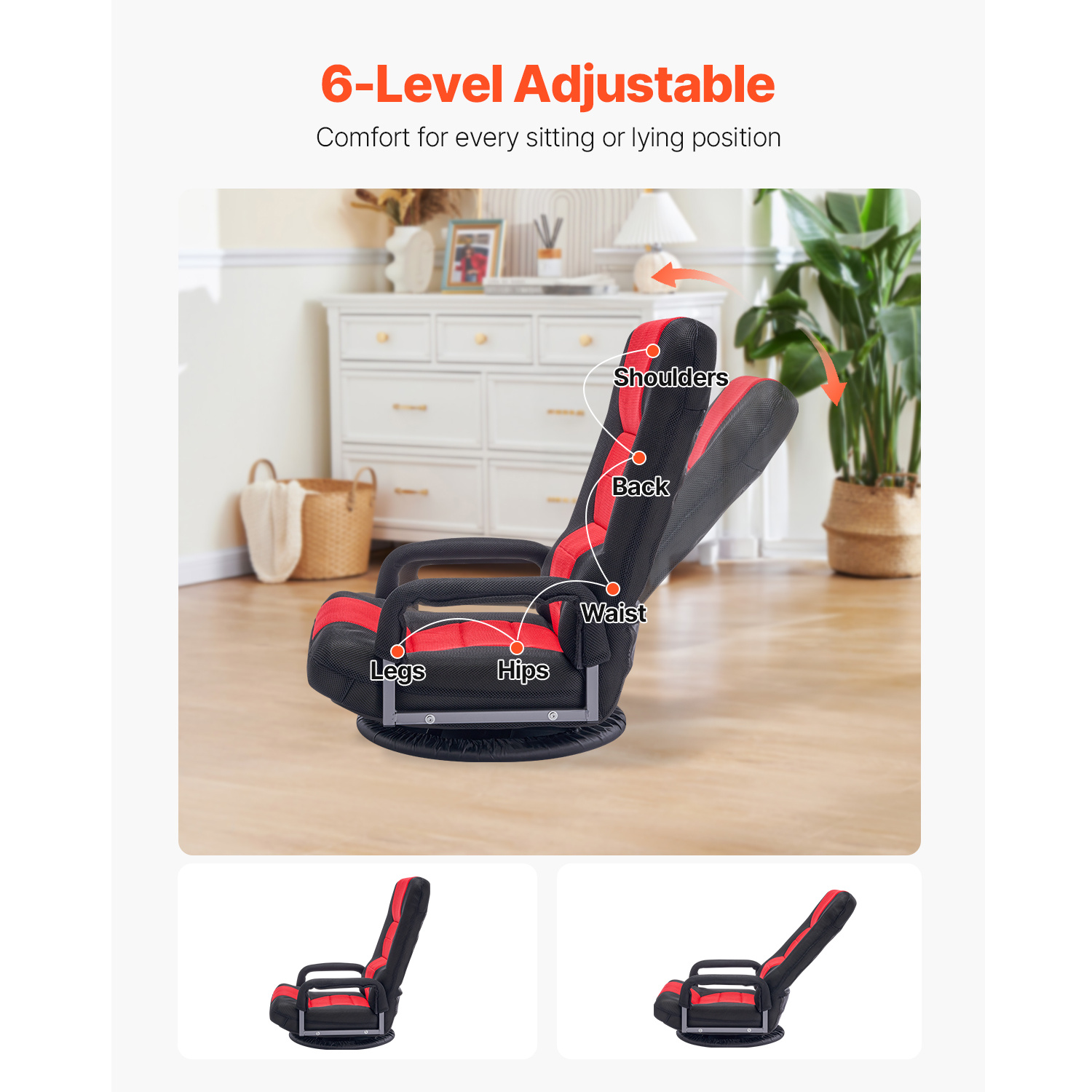 VEVOR Swivel Floor Gaming Chair, 360-Degree Rotating Floor Chair with 4 Adjustable Position Folding Backrest and Lumbar Support, Folding Video Reclining Sofa for Watching TV Reading Playing Game, Gray No armrests/with handrails