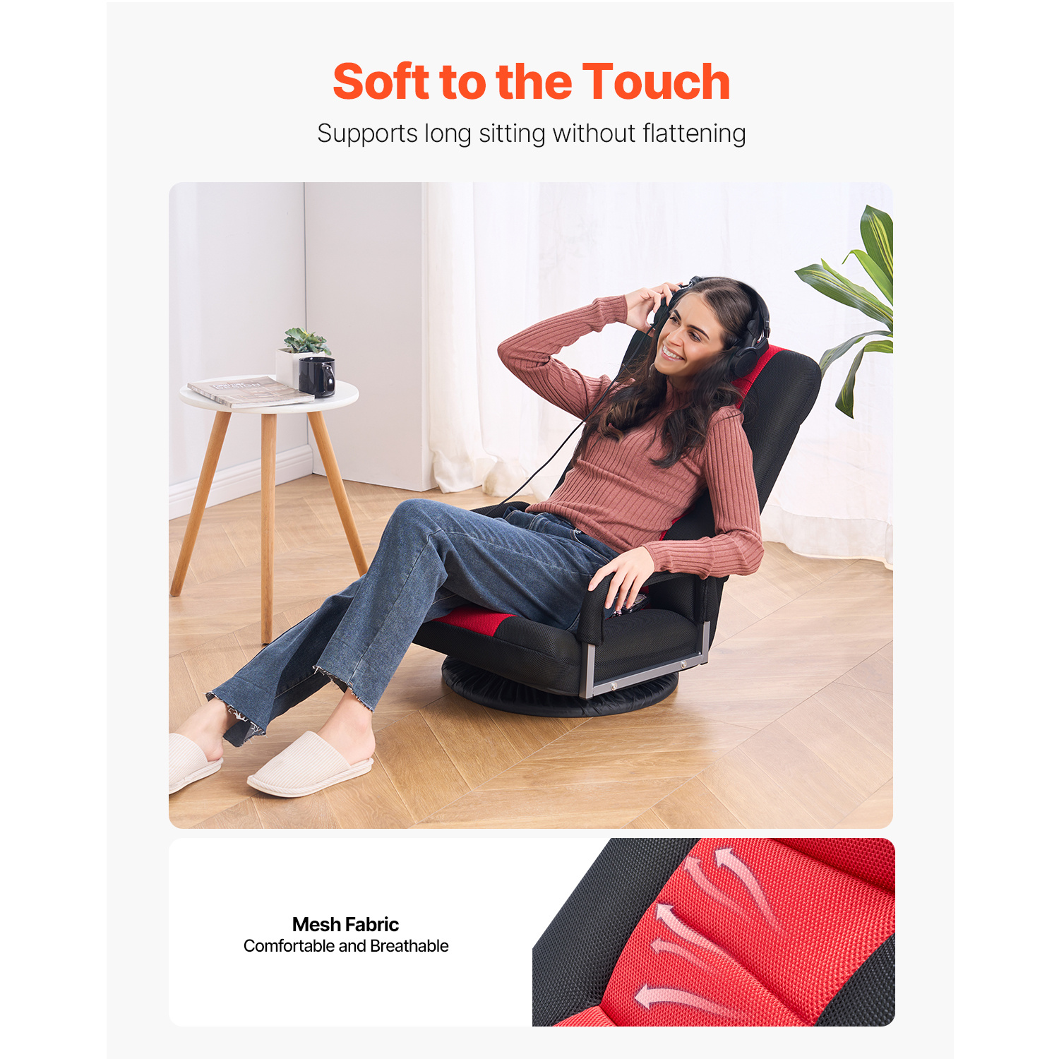 VEVOR Swivel Floor Gaming Chair, 360-Degree Rotating Floor Chair with 4 Adjustable Position Folding Backrest and Lumbar Support, Folding Video Reclining Sofa for Watching TV Reading Playing Game, Gray No armrests/with handrails