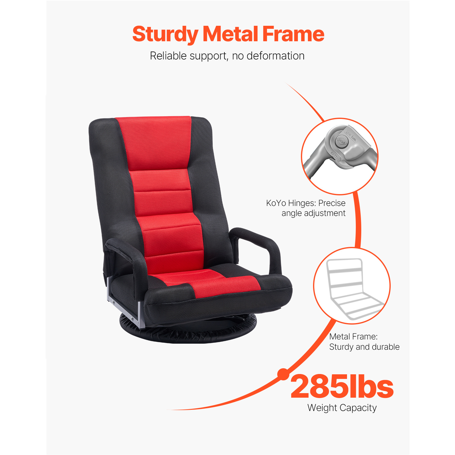 VEVOR Swivel Floor Gaming Chair, 360-Degree Rotating Floor Chair with 4 Adjustable Position Folding Backrest and Lumbar Support, Folding Video Reclining Sofa for Watching TV Reading Playing Game, Gray No armrests/with handrails