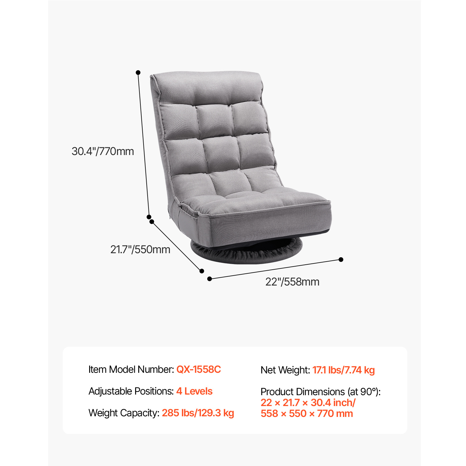 VEVOR Swivel Floor Gaming Chair, 360-Degree Rotating Floor Chair with 4 Adjustable Position Folding Backrest and Lumbar Support, Folding Video Reclining Sofa for Watching TV Reading Playing Game, Gray No armrests/with handrails