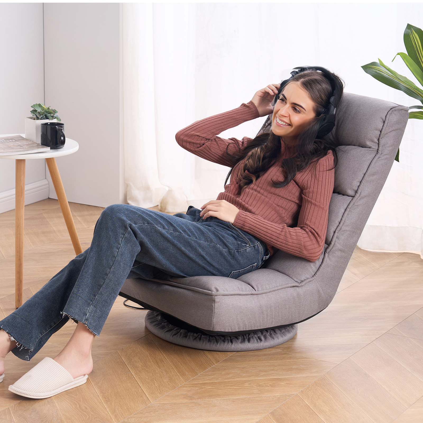 VEVOR Swivel Floor Gaming Chair, 360-Degree Rotating Floor Chair with 4 Adjustable Position Folding Backrest and Lumbar Support, Folding Video Reclining Sofa for Watching TV Reading Playing Game, Gray No armrests/with handrails