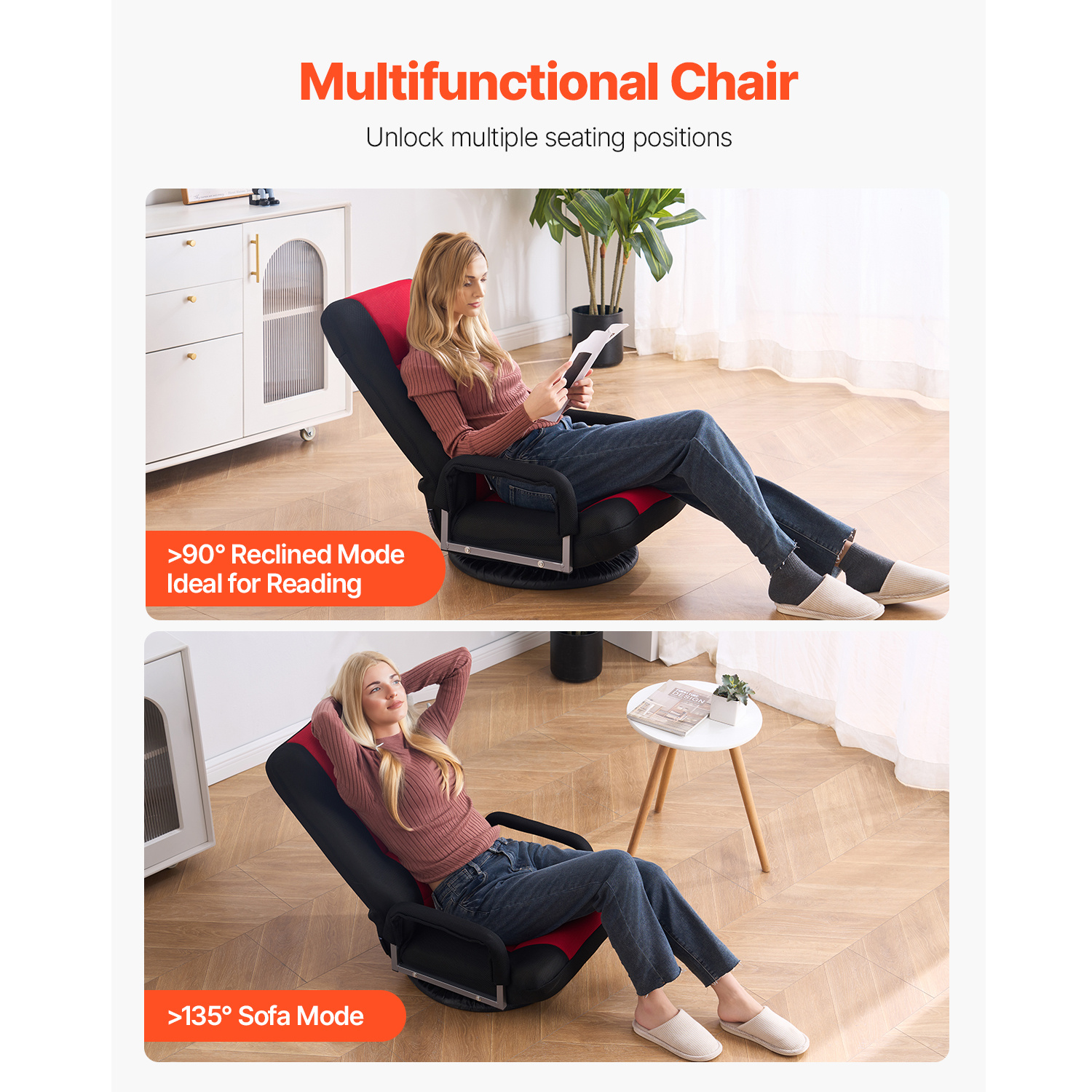 VEVOR Swivel Floor Gaming Chair, 360-Degree Rotating Floor Chair with 4 Adjustable Position Folding Backrest and Lumbar Support, Folding Video Reclining Sofa for Watching TV Reading Playing Game, Gray No armrests/with handrails