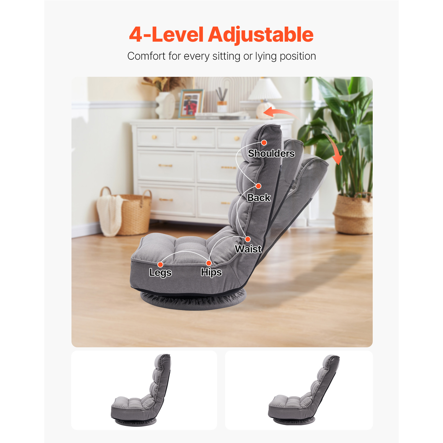 VEVOR Swivel Floor Gaming Chair, 360-Degree Rotating Floor Chair with 4 Adjustable Position Folding Backrest and Lumbar Support, Folding Video Reclining Sofa for Watching TV Reading Playing Game, Gray No armrests/with handrails