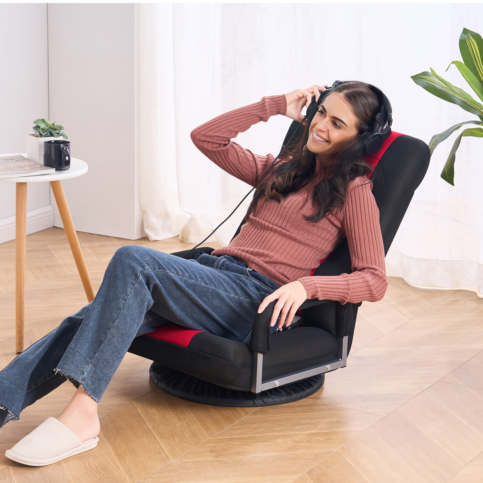 VEVOR Swivel Floor Gaming Chair, 360-Degree Rotating Floor Chair with 4 Adjustable Position Folding Backrest and Lumbar Support, Folding Video Reclining Sofa for Watching TV Reading Playing Game, Gray No armrests/with handrails