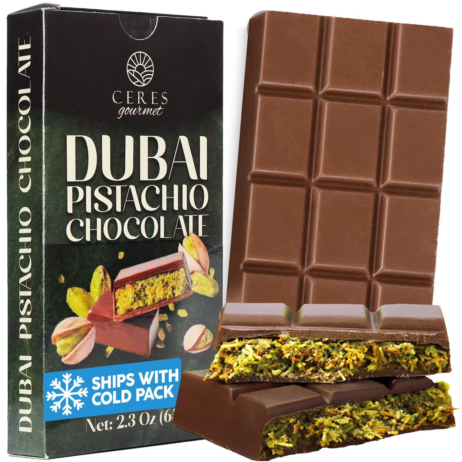 Ceres Gourmet Dubai Chocolate Bar – 2.3oz (65g), Pistachio Chocolate Knafeh Bar, Milky Chocolate with Special Pack, Perfect Snack & Treat