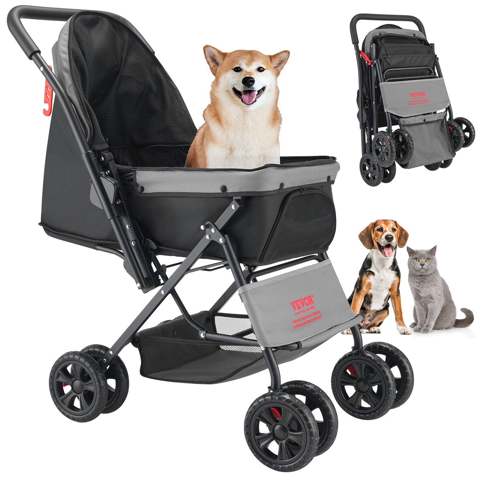 Vevor Pet Stroller Foldable 4 Wheels Travel Dog Stroller Reversible Handle Up To 44lbs