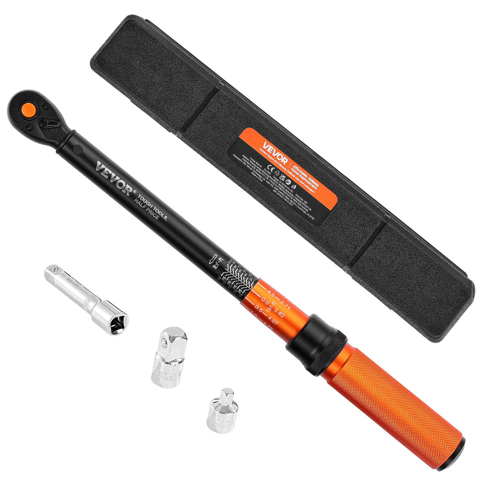 TEMU Vevor 3/8 Inch Drive Torque Wrench, 10-100 Ft.lb/13.6-135.6 Nm, Dual- Adjustable Click Torque Wrench With 1/2 & 1/4 Adapter, 3" Extension Bar, For Automobile Repair