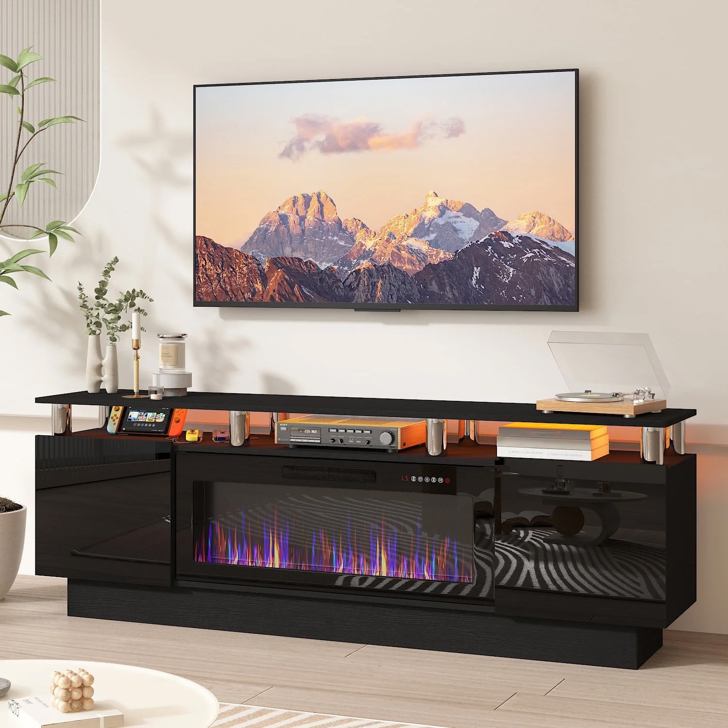 70" Modern Fireplace Tv Stand With 36" Electric Fireplace For Tvs Up To 80 Inch, Luxury Led Light Entertainment Center With High Gloss Cabinet, Tv Consoles For Living Room