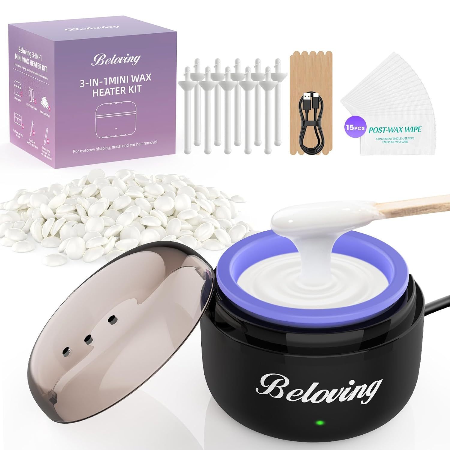TEMU Nose Wax Kit - Portable Mini Wax Warmer For Eyebrow, Ear & Facial Hair Removal | , Compact | Includes 100g Wax Beads, 10 Applicators, 10 Nose Sticks & Post-wax Wipes | Waxing Kit For