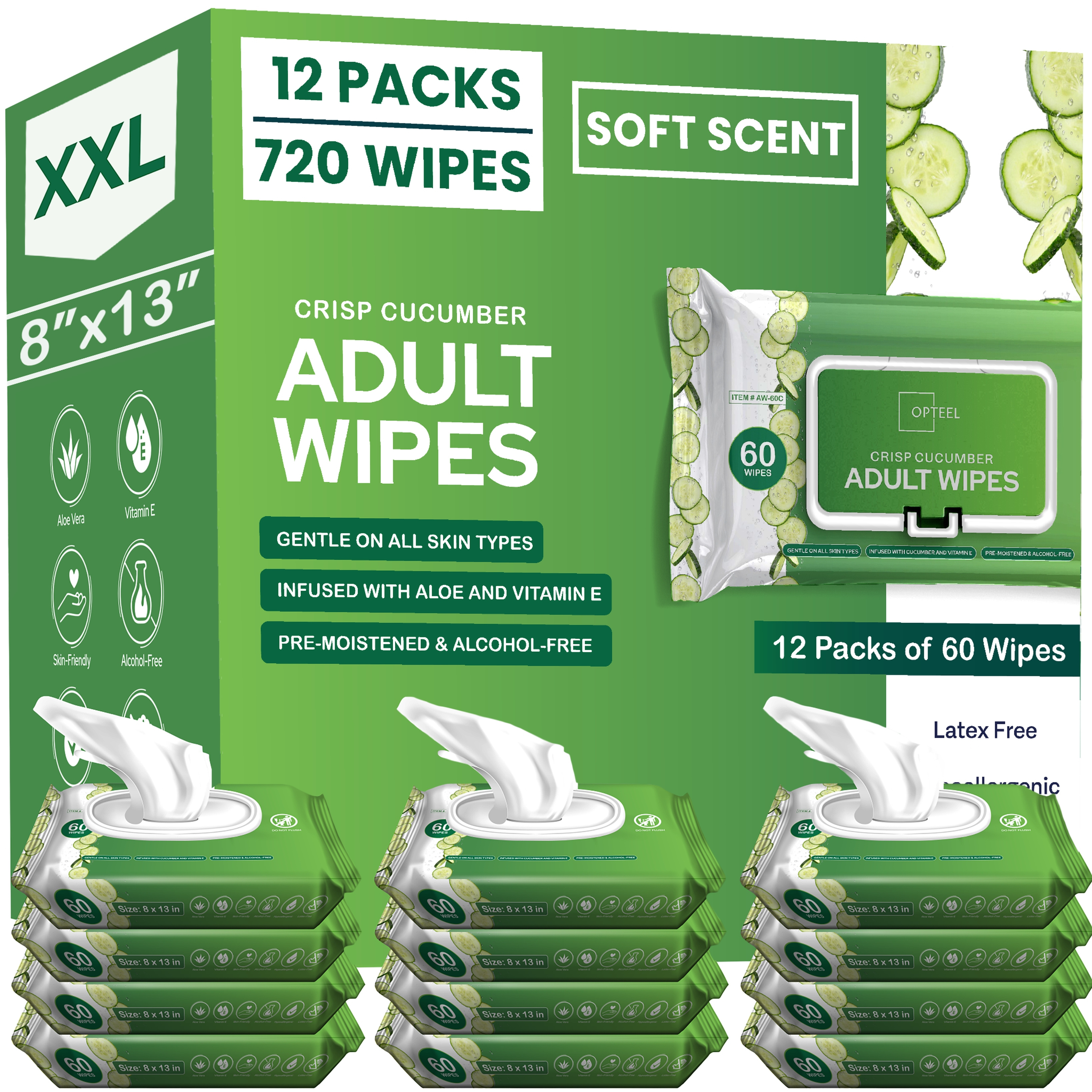TEMU Extra Large Wet Wipes For Women, Men And Elderly Soft Cucumber Scent - 12 Packs Of 60 (720ct) Soft, Thick, 8"x13" Disposable Bathing Wipes For Incontinence And Personal Care
