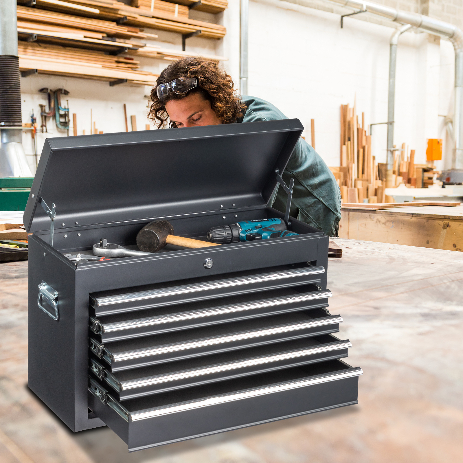 TEMU Leadzm Tool Storage Cabinet, Cabinet With 5 Drawers And Locks, Black Steel