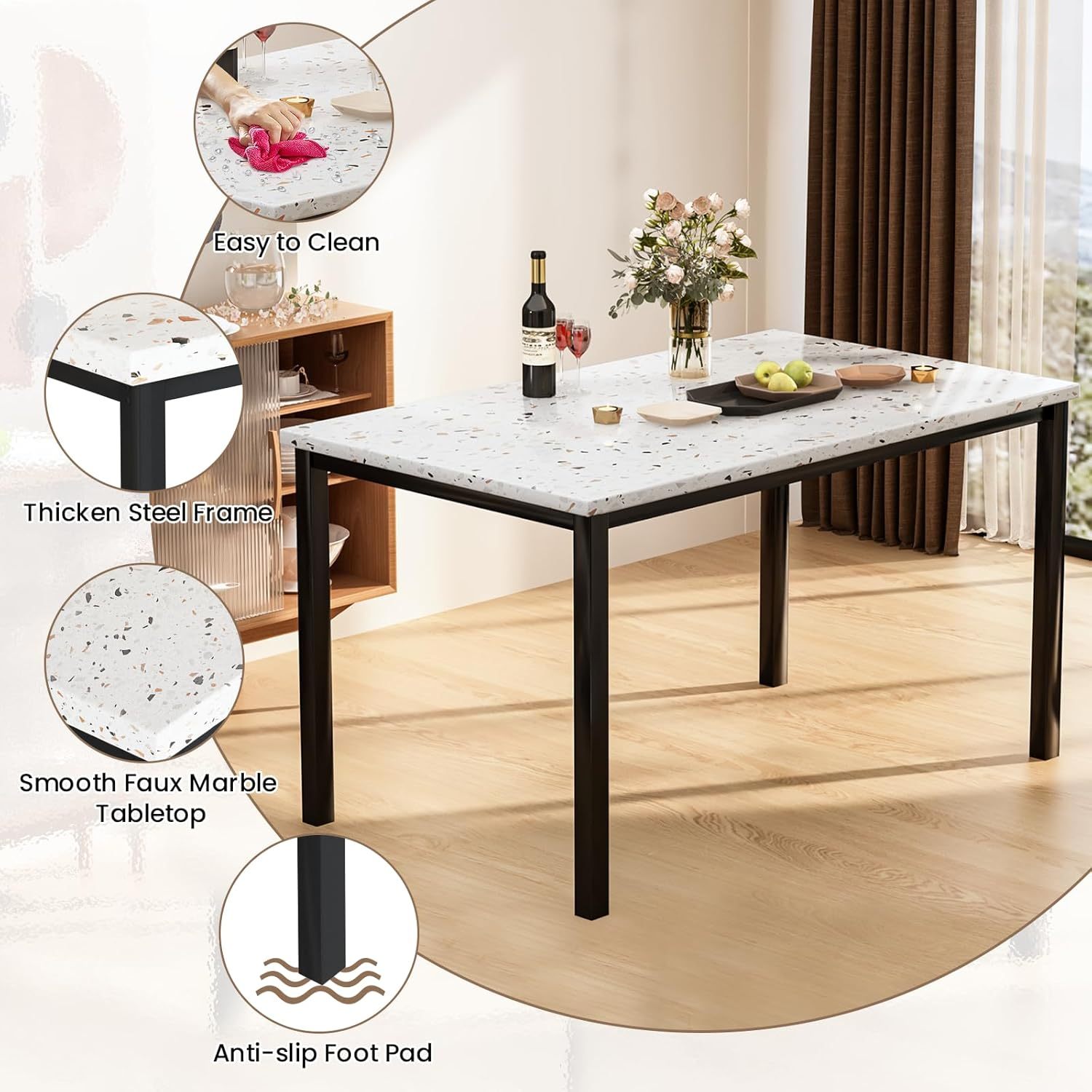 Modern Patio Dining Set for 4, 5-Piece Dining Table Set with 4 Chairs & Faux Marble Table for Small Space, Kitchen Dining Table Set with MDF Broad & Metal Frame for Patio, Dining Room, Kitchen