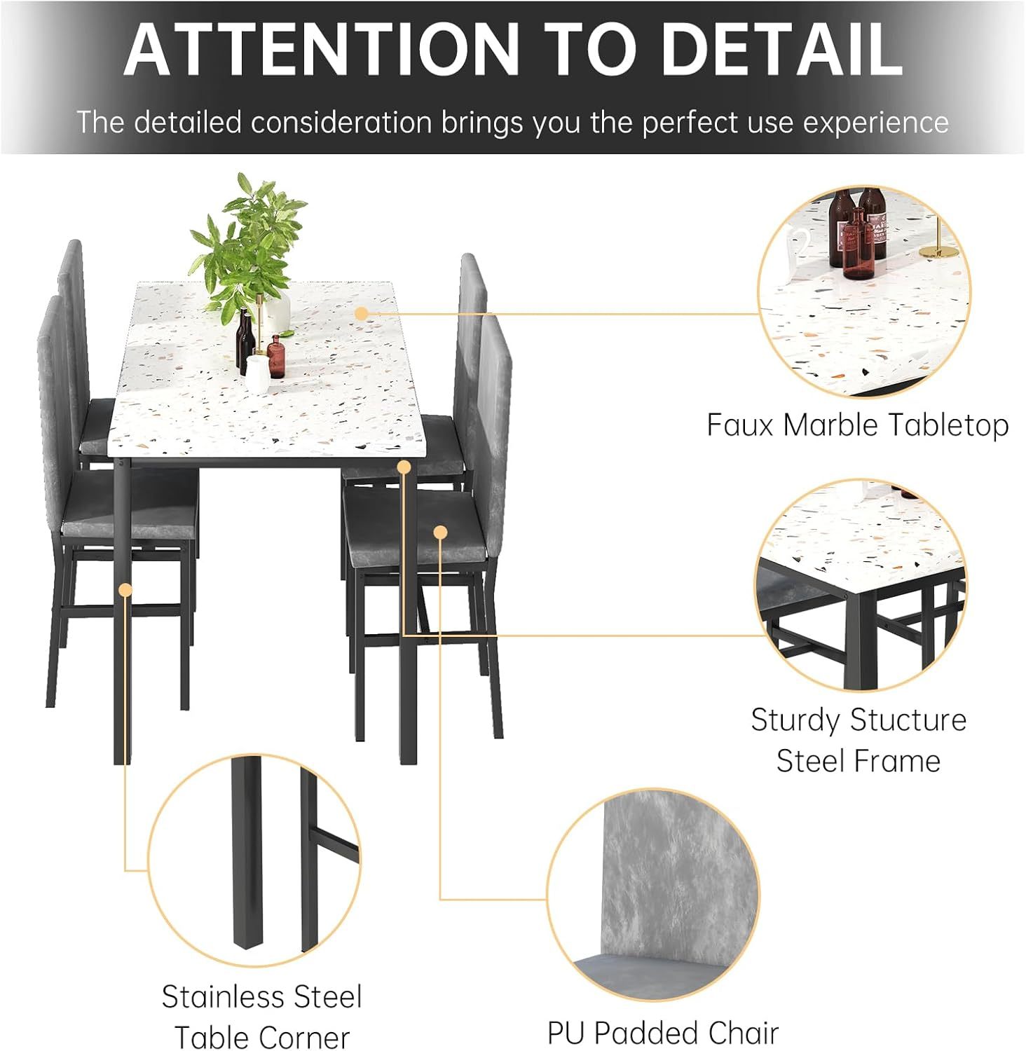 Modern Patio Dining Set for 4, 5-Piece Dining Table Set with 4 Chairs & Faux Marble Table for Small Space, Kitchen Dining Table Set with MDF Broad & Metal Frame for Patio, Dining Room, Kitchen