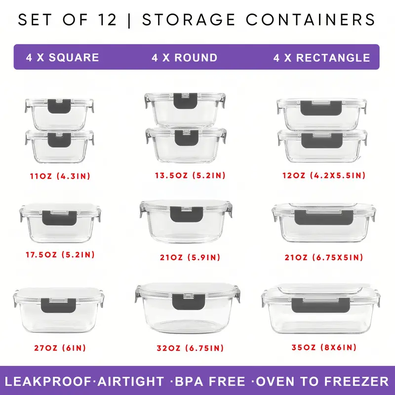 24pcs 12 lids 12 glass bowl glass food storage containers with airtight lids glass meal prep containers for lunch kitchen storage containers airtight freezer containers reusable ideal for food storage in microwave ovens refrigerators dishwashers offices schools and camping Product details 15