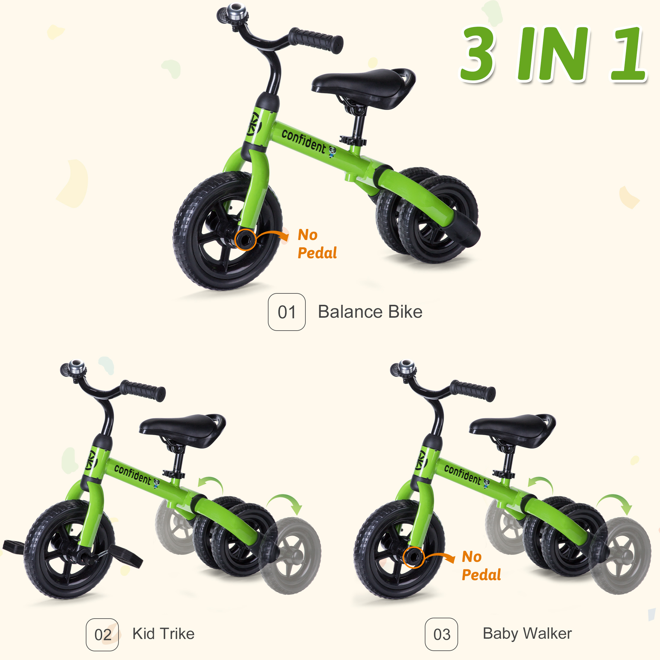 3 In 1 Kids Tricycles For 1-4 Years Old Kids, With Detachable Pedal And Training Wheels, Baby Balance Bike Riding Toys For Boys Girls, Infant Toddler First Birthday Gifts