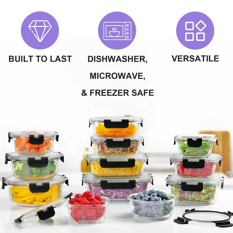 24pcs 12 lids 12 glass bowl glass food storage containers with airtight lids glass meal prep containers for lunch kitchen storage containers airtight freezer containers reusable ideal for food storage in microwave ovens refrigerators dishwashers offices schools and camping Product details 10