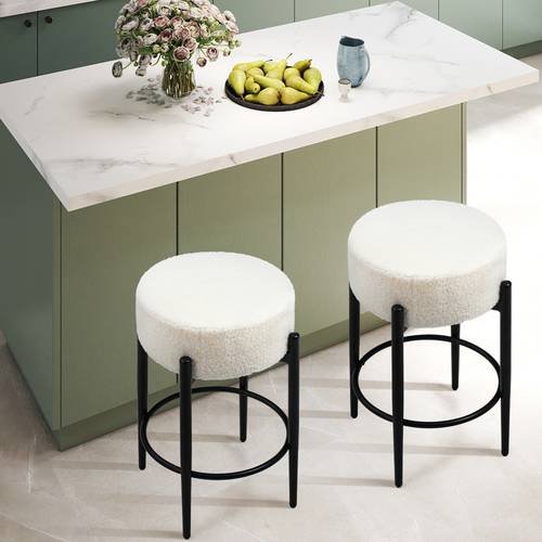 set of 2 modern round short 24 bar stools with footrest and adjustable scratch proof feet boucle linen cover kitchen bar pub island