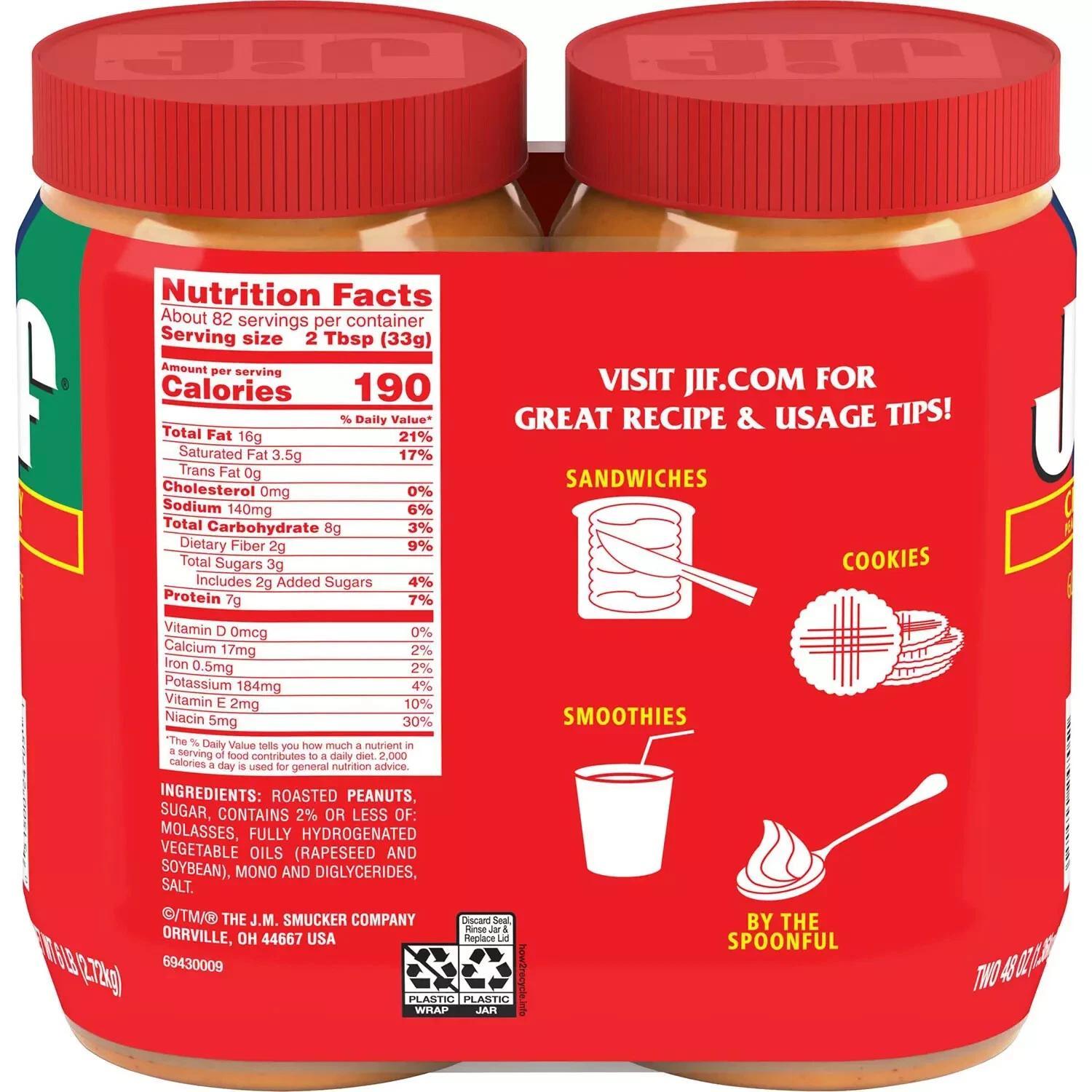 jif creamy peanut butter 48 oz 2 pack smooth rich peanut butter   fresh     great for sandwiches baking or       details 1