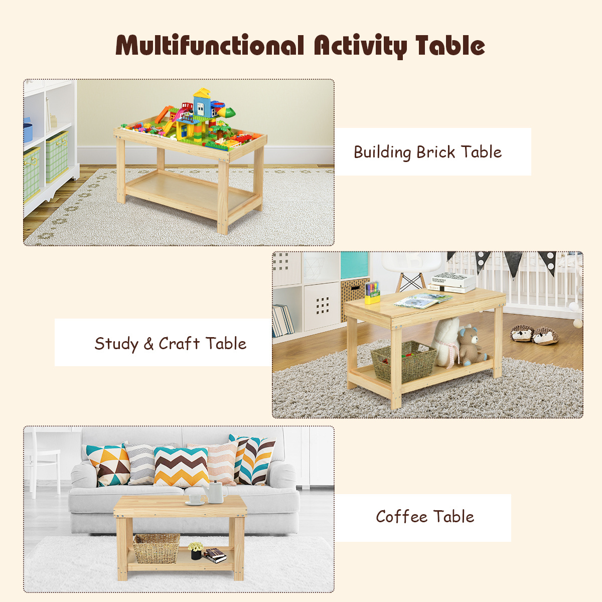 COSTWAY Solid Wood Kids Activity Play Table Block Table Multifunction W/Storage Patented