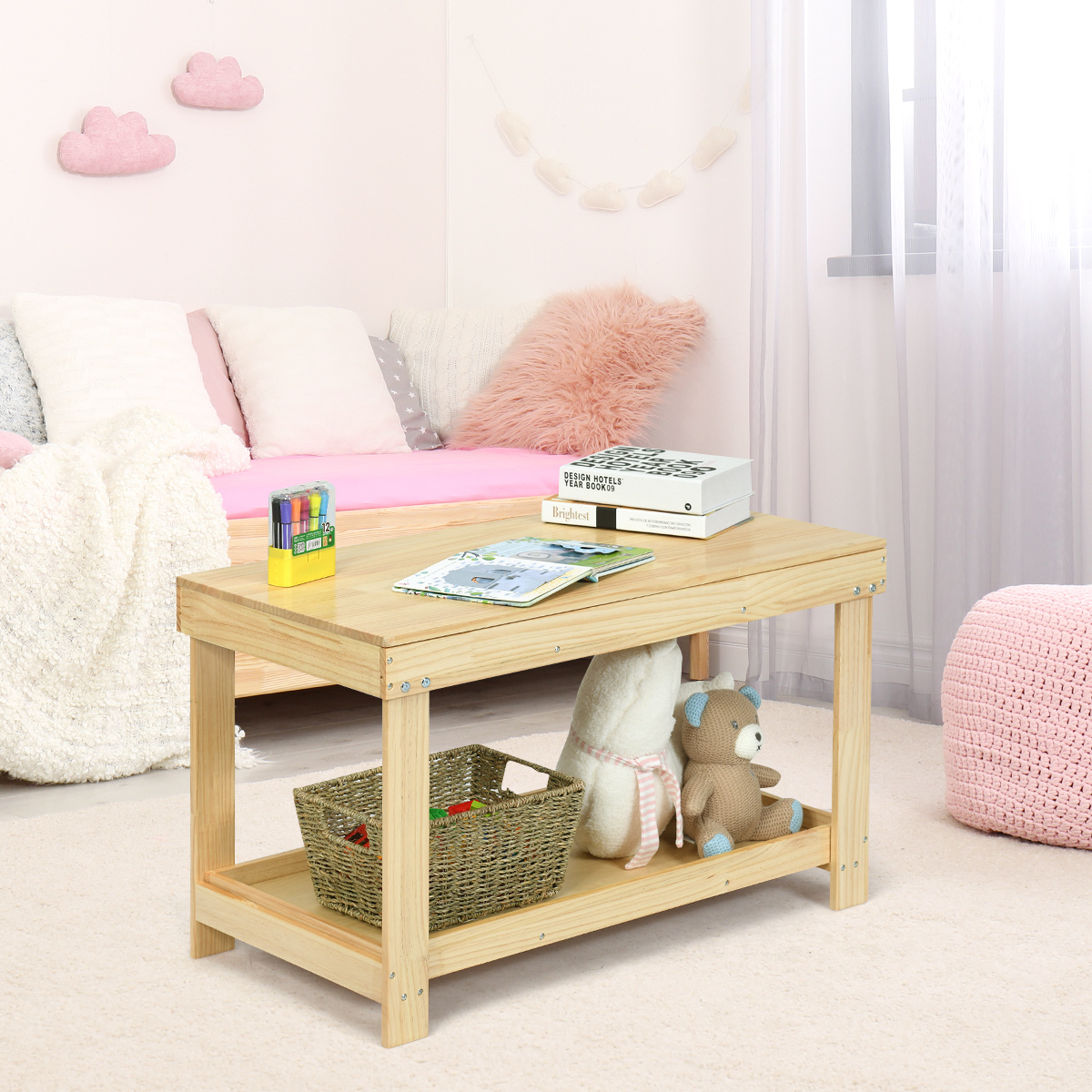 COSTWAY Solid Wood Kids Activity Play Table Block Table Multifunction W/Storage Patented