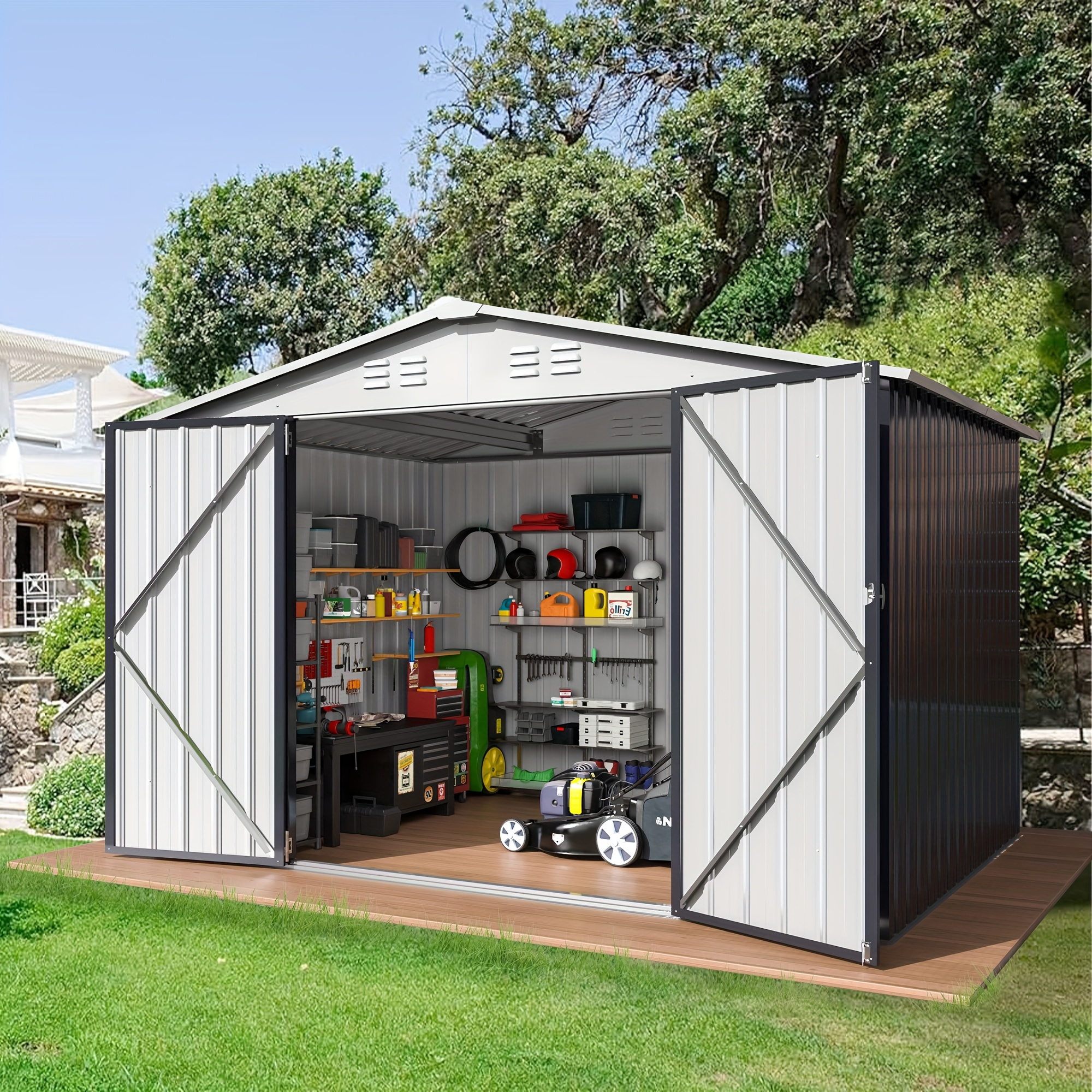 TEMU Viwat 10x10ft Outdoor Storage Shed, Large Garden Shed With Frame Structure And Lockable Doors, Metal Tool Sheds For Backyard Garden Patio Lawn,
